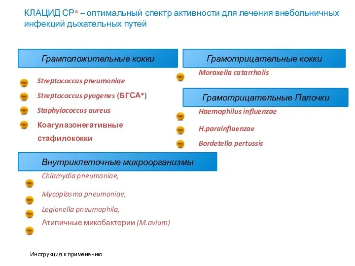 КЛАЦИД СР® – оптимальный спектр активности для лечения внебольничных инфекций дыхательных путей Инструкция