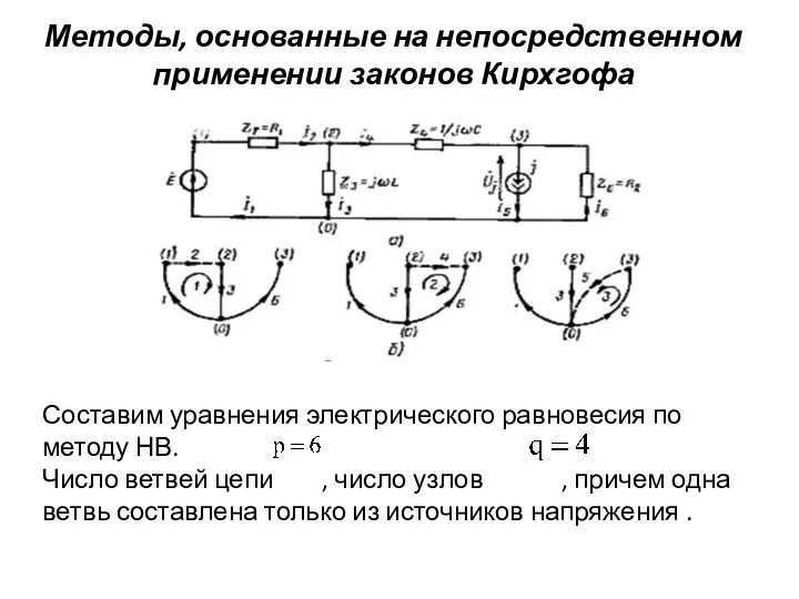 Методы, основанные на непосредственном применении законов Кирхгофа Составим уравнения электрического равновесия по методу