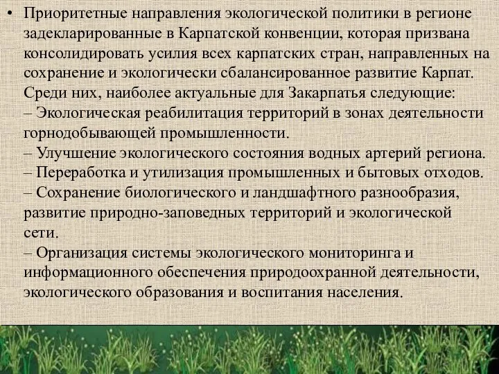 Приоритетные направления экологической политики в регионе задекларированные в Карпатской конвенции,