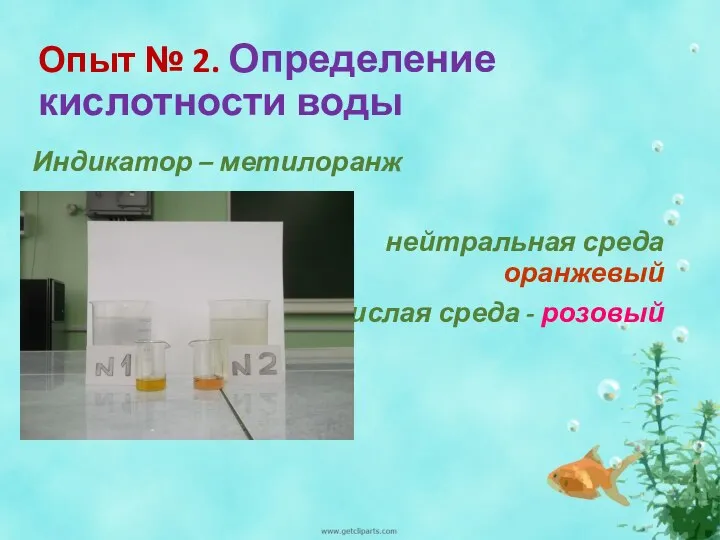 Опыт № 2. Определение кислотности воды Индикатор – метилоранж нейтральная
