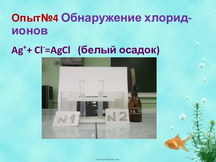 Опыт№4 Обнаружение хлорид-ионов Ag++ Cl-=AgCl (белый осадок)