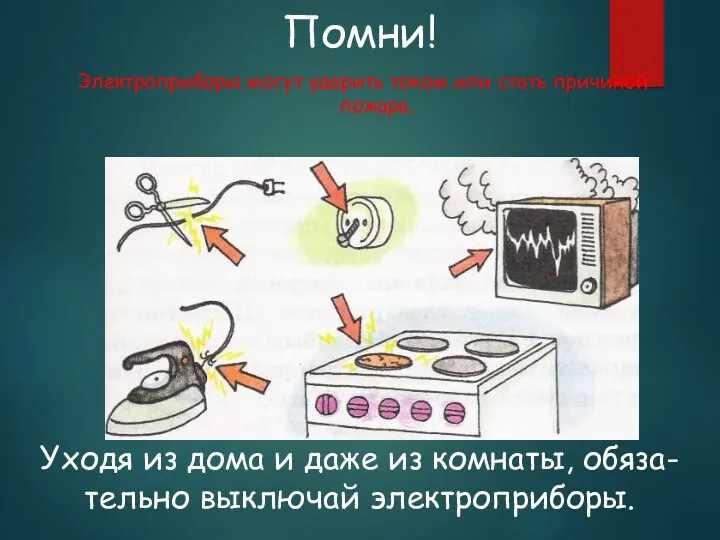 Помни! Электроприборы могут ударить током или стать причиной пожара. Уходя из дома и