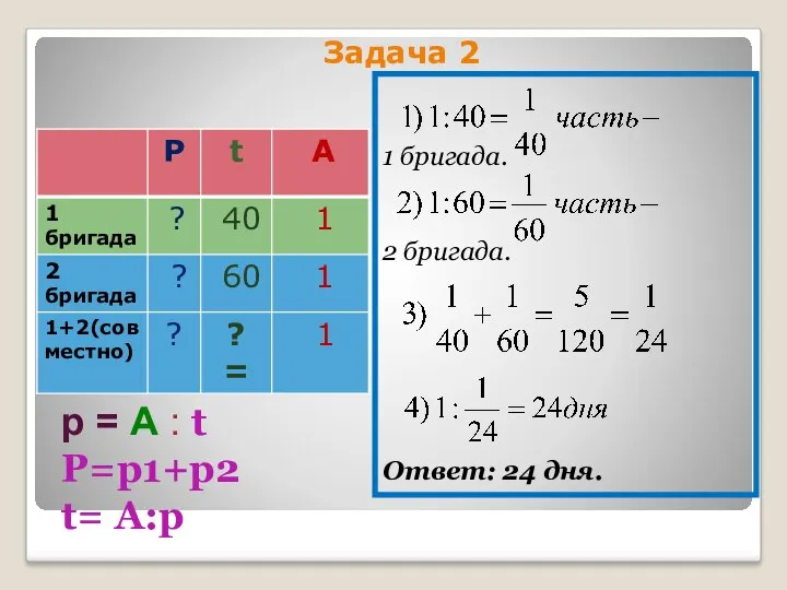 Задача 2 1 бригада. 2 бригада. Ответ: 24 дня. р