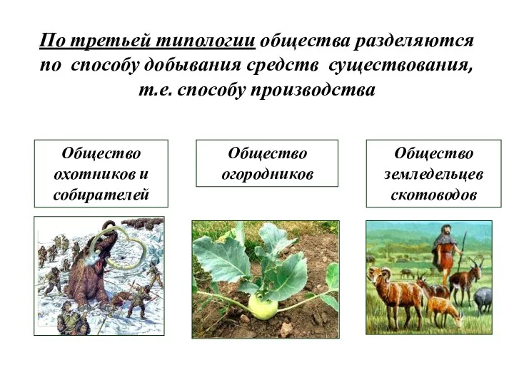 По третьей типологии общества разделяются по способу добывания средств существования,