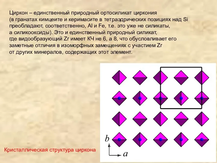 Циркон – единственный природный ортосиликат циркония (в гранатах кимцеите и