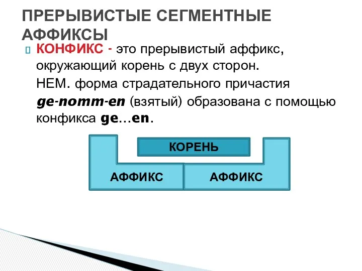 КОНФИКС - это прерывистый аффикс, окружающий корень с двух сторон.