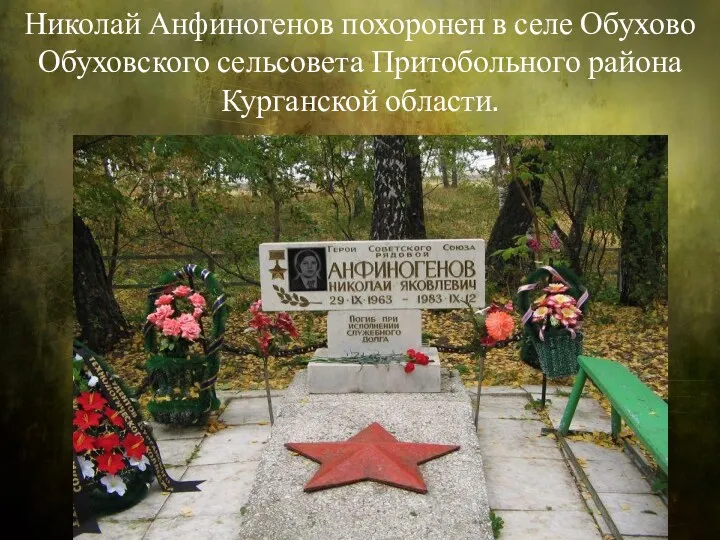 Николай Анфиногенов похоронен в селе Обухово Обуховского сельсовета Притобольного района Курганской области.