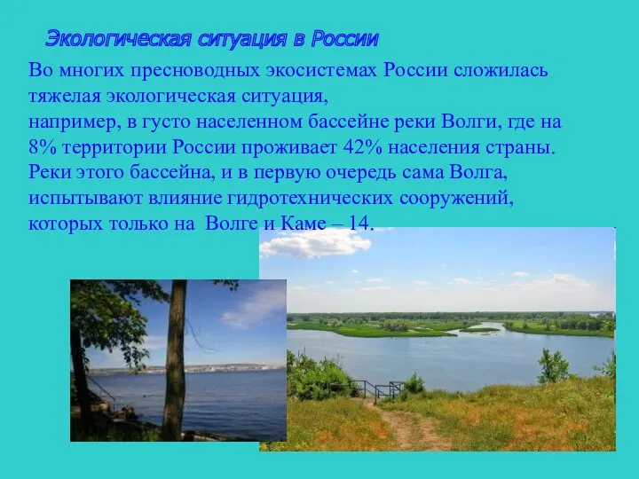 Экологическая ситуация в России Во многих пресноводных экосистемах России сложилась