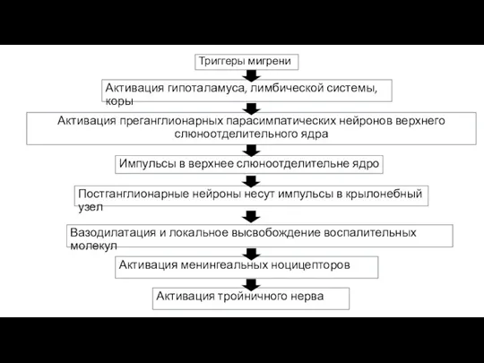 Триггеры мигрени Импульсы в верхнее слюноотделительне ядро Активация преганглионарных парасимпатических