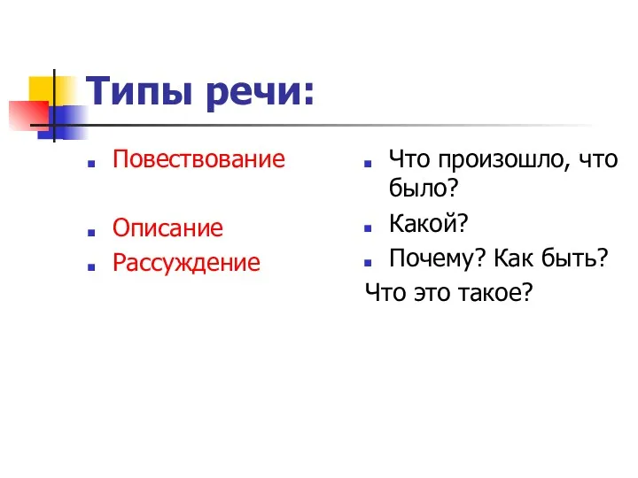 Типы речи: Повествование Описание Рассуждение Что произошло, что было? Какой? Почему? Как быть? Что это такое?