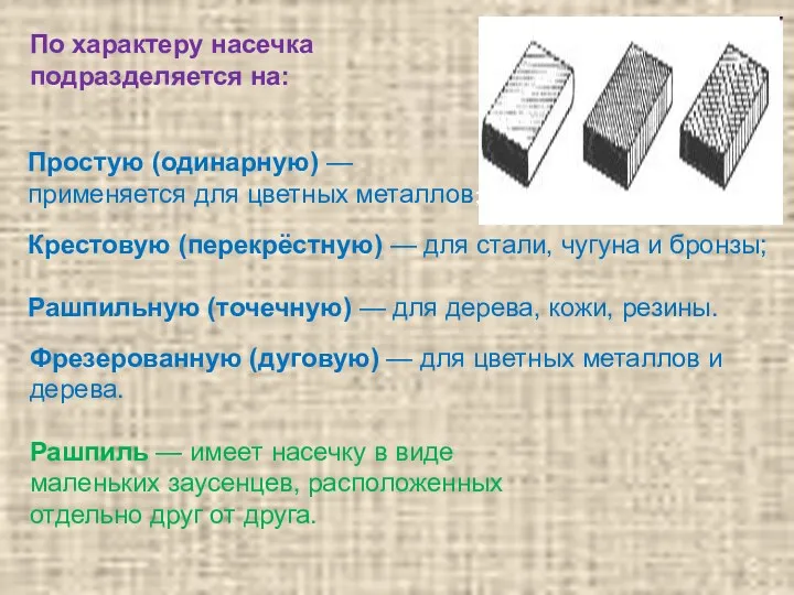 Рашпиль — имеет насечку в виде маленьких заусенцев, расположенных отдельно