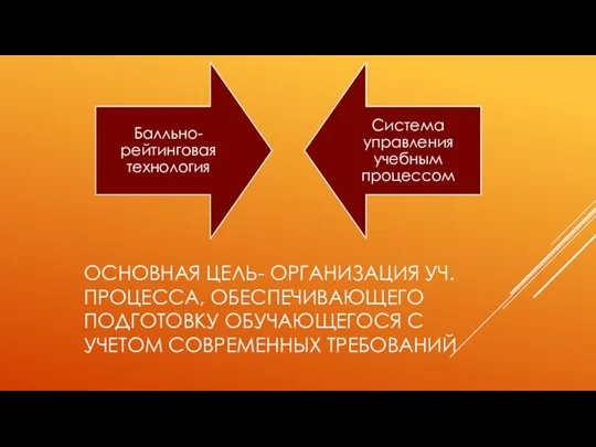 ОСНОВНАЯ ЦЕЛЬ- ОРГАНИЗАЦИЯ УЧ.ПРОЦЕССА, ОБЕСПЕЧИВАЮЩЕГО ПОДГОТОВКУ ОБУЧАЮЩЕГОСЯ С УЧЕТОМ СОВРЕМЕННЫХ ТРЕБОВАНИЙ