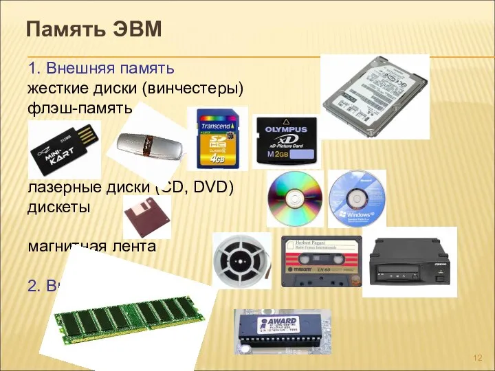 1. Внешняя память жесткие диски (винчестеры) флэш-память лазерные диски (CD,