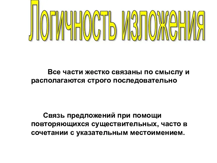 Логичность изложения Все части жестко связаны по смыслу и располагаются