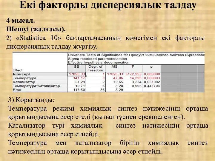 Екі факторлы дисперсиялық талдау 4 мысал. Шешуі (жалғасы). 2) «Statistica