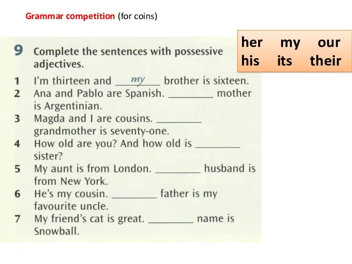 Grammar competition (for coins) her my our his its their