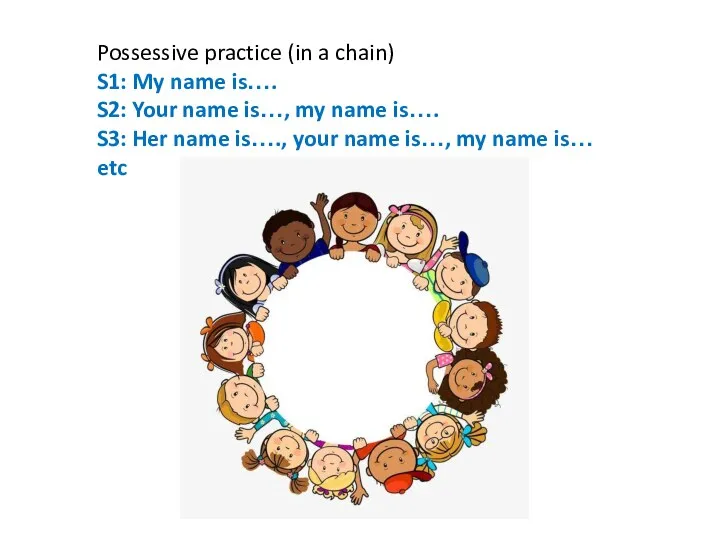 Possessive practice (in a chain) S1: My name is…. S2: