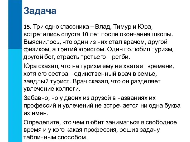 15. Три одноклассника – Влад, Тимур и Юра, встретились спустя