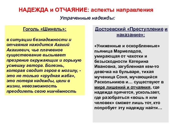 НАДЕЖДА и ОТЧАЯНИЕ: аспекты направления 6. Утраченные надежды: Гоголь «Шинель»: