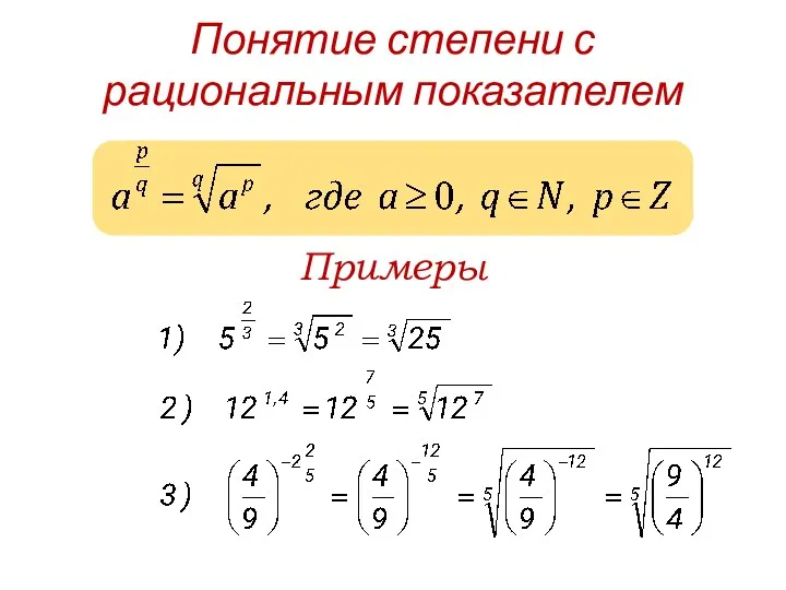 Понятие степени с рациональным показателем Примеры