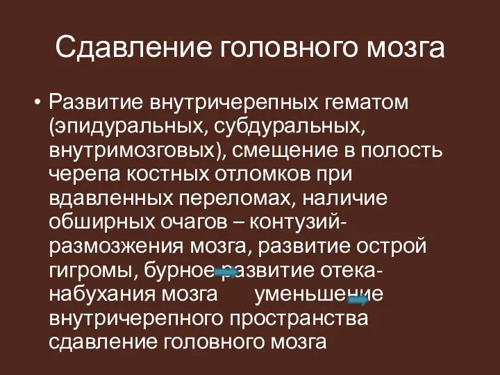 Сдавление головного мозга Развитие внутричерепных гематом (эпидуральных, субдуральных, внутримозговых), смещение