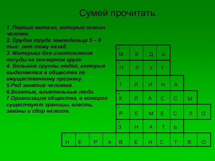 Сумей прочитать. 1. Первый металл, который освоил человек. 2. Орудие