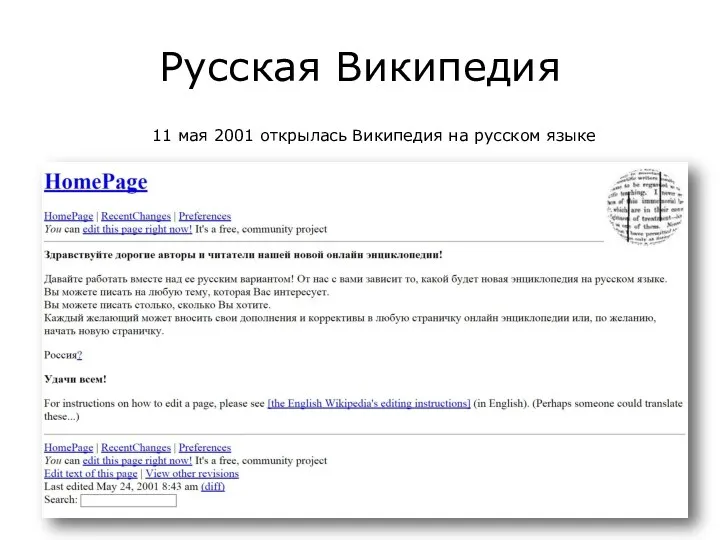 Русская Википедия 11 мая 2001 открылась Википедия на русском языке