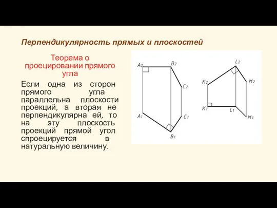 Перпендикулярность прямых и плоскостей Теорема о проецировании прямого угла Если