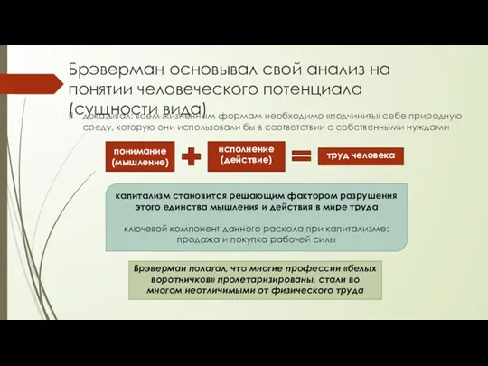 Брэверман основывал свой анализ на понятии человеческого потенциала (сущности вида)