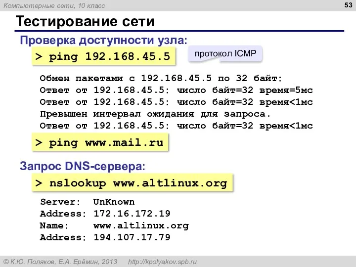 Тестирование сети Проверка доступности узла: > ping 192.168.45.5 Обмен пакетами с 192.168.45.5 по