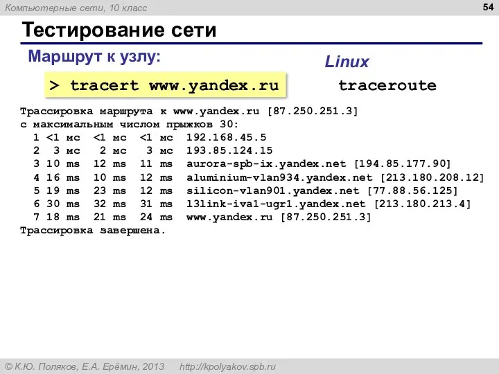 Тестирование сети Маршрут к узлу: > tracert www.yandex.ru traceroute Linux Трассировка маршрута к