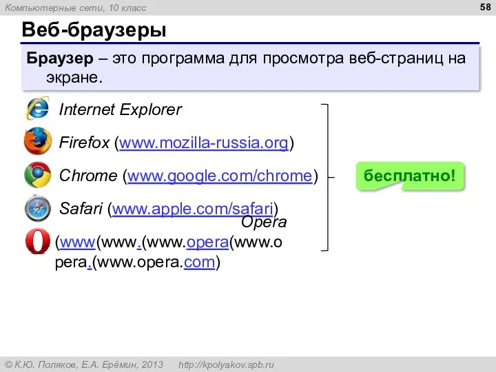 Веб-браузеры Браузер – это программа для просмотра веб-страниц на экране. Internet Explorer Firefox