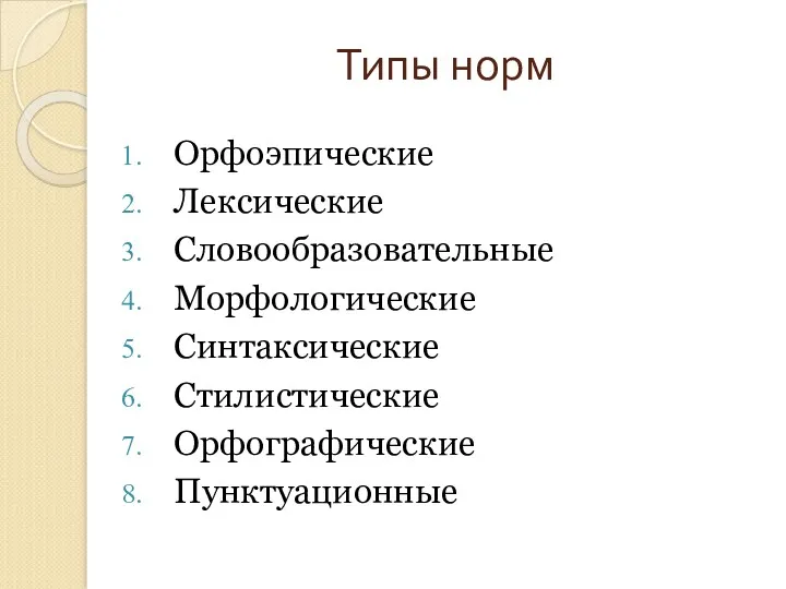 Типы норм Орфоэпические Лексические Словообразовательные Морфологические Синтаксические Стилистические Орфографические Пунктуационные