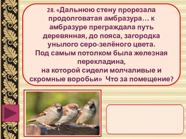 28. «Дальнюю стену прорезала продолговатая амбразура… к амбразуре преграждала путь