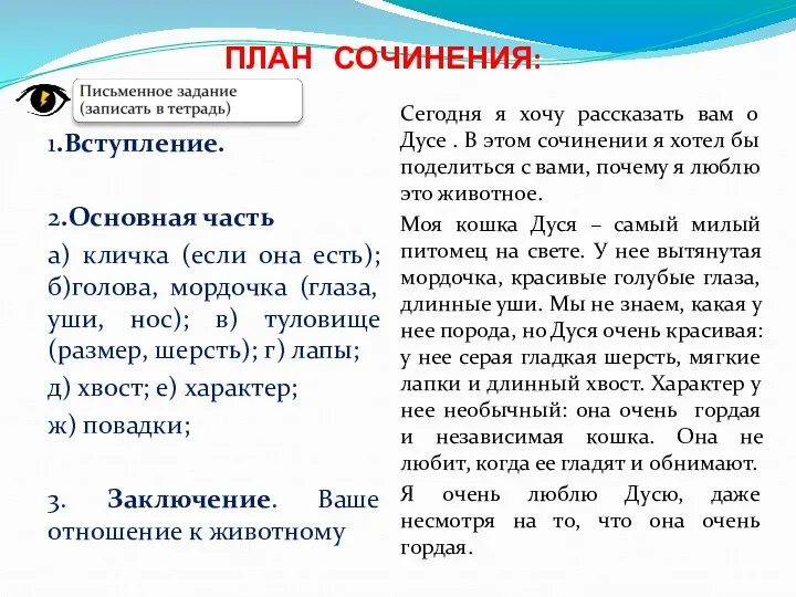 ПЛАН СОЧИНЕНИЯ: 1.Вступление. 2.Основная часть а) кличка (если она есть);