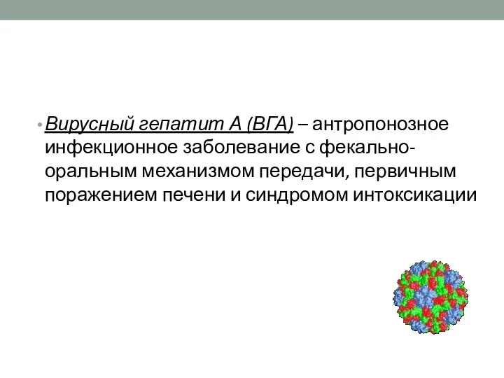 ВГА. Определение Вирусный гепатит А (ВГА) – антропонозное инфекционное заболевание