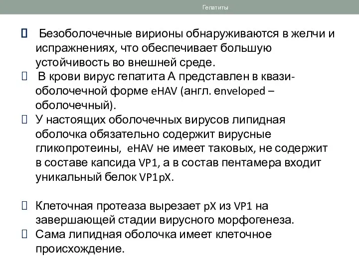 Гепатиты Безоболочечные вирионы обнаруживаются в желчи и испражнениях, что обеспечивает