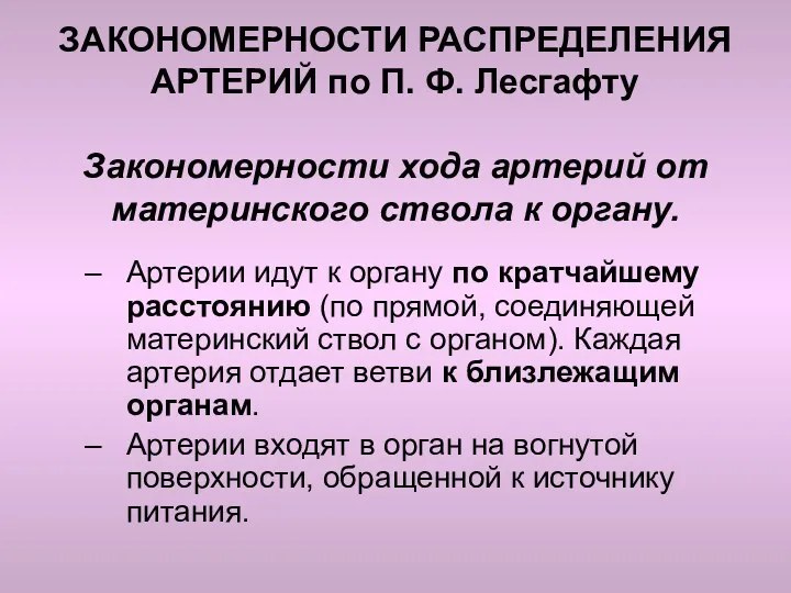 ЗАКОНОМЕРНОСТИ РАСПРЕДЕЛЕНИЯ АРТЕРИЙ по П. Ф. Лесгафту Закономерности хода артерий