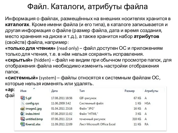 Файл. Каталоги, атрибуты файла Информация о файлах, размещённых на внешних