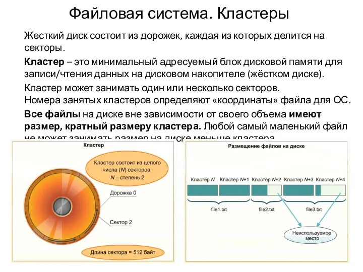 Файловая система. Кластеры Жесткий диск состоит из дорожек, каждая из