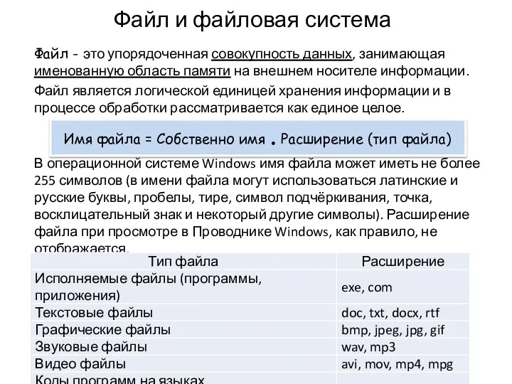 Файл и файловая система Файл - это упорядоченная совокупность данных,