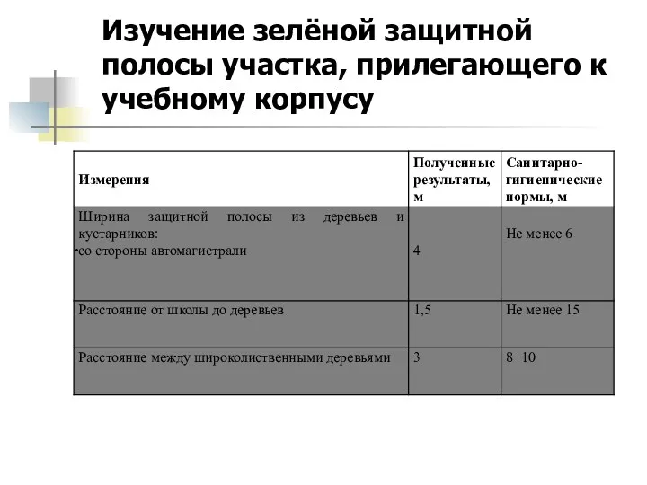 Изучение зелёной защитной полосы участка, прилегающего к учебному корпусу