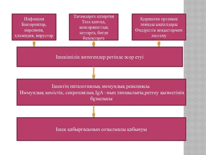 Инфекция Бактериялар, иерсиния, хламидия, вирустар Тағамдарға аллергия Таза қантқа, консерванттық