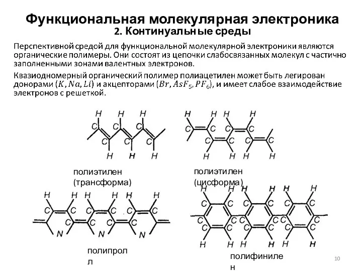 Функциональная молекулярная электроника 2. Континуальные среды полиэтилен (трансформа) полиэтилен (цисформа) полипролл полифинилен