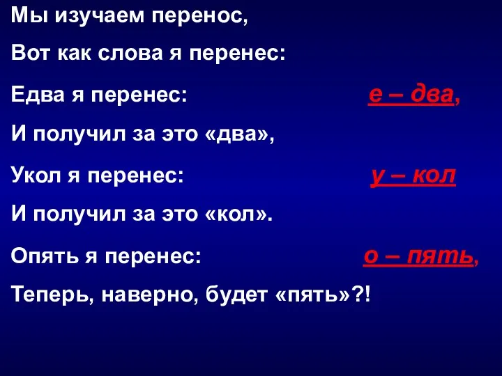 Мы изучаем перенос, Вот как слова я перенес: Едва я