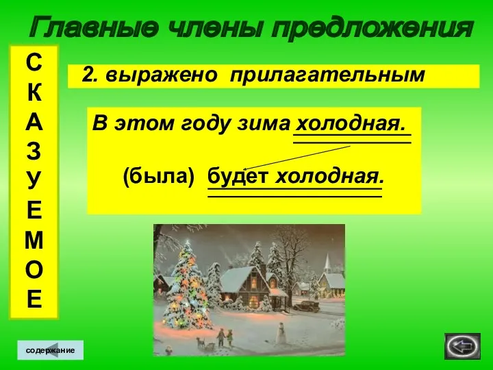 Главные члены предложения С К А З У Е М О Е содержание 2. выражено прилагательным