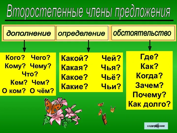 Второстепенные члены предложения Где? Как? Когда? Зачем? Почему? Как долго?