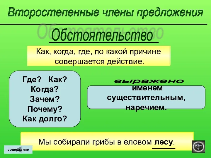 Второстепенные члены предложения Как, когда, где, по какой причине совершается