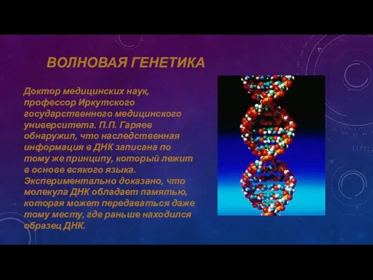 ВОЛНОВАЯ ГЕНЕТИКА Доктор медицинских наук, профессор Иркутского государственного медицинского университета.