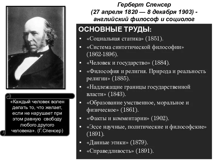 ОСНОВНЫЕ ТРУДЫ: «Социальная статика» (1851). «Система синтетической философии» (1862-1896). «Человек